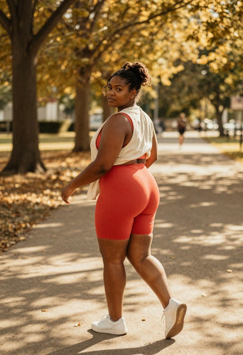 Plus size woman in coral-red bike shorts set layered under a breezy linen shirt in the park