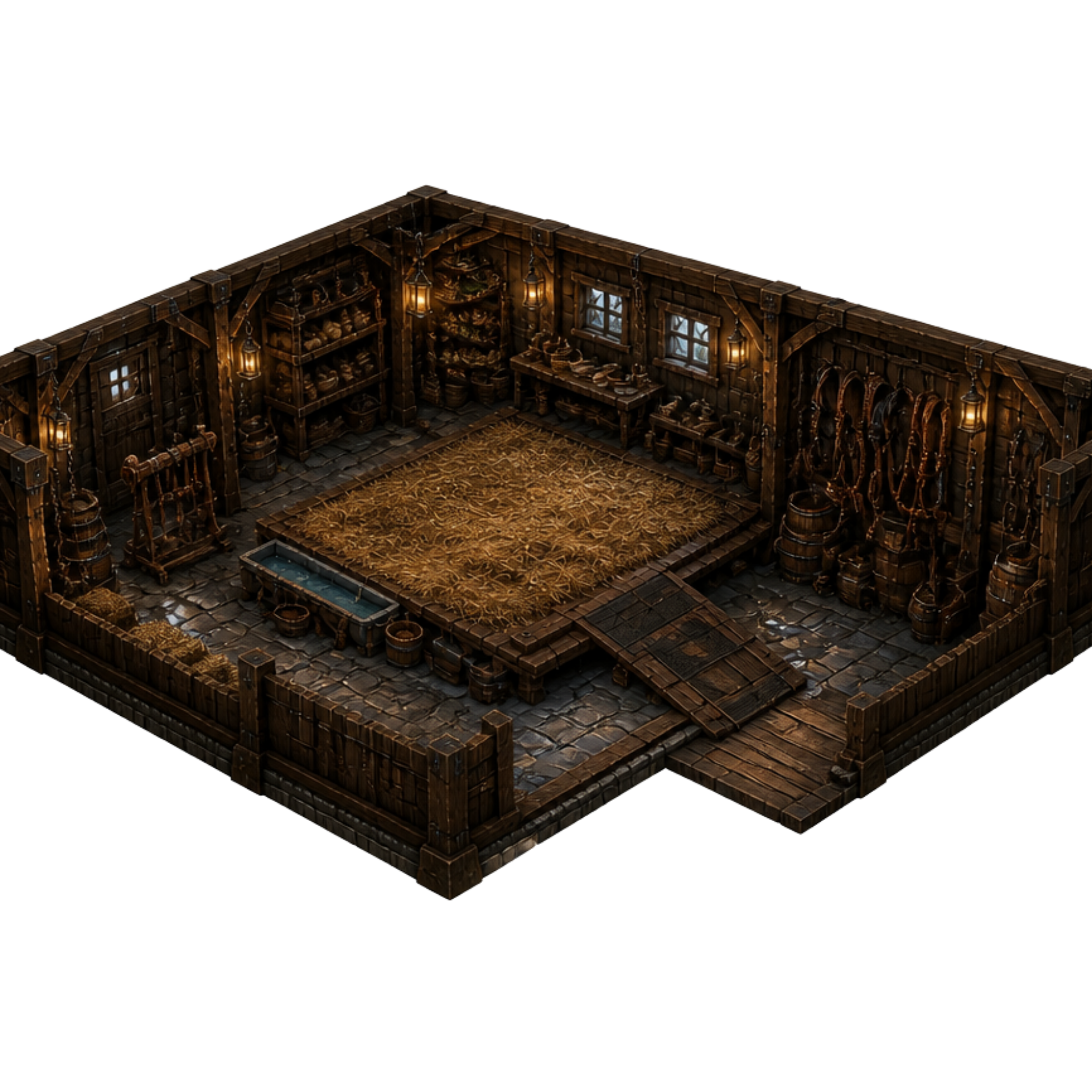 Strata's stable with grooming space, feeding area, and bedding.
