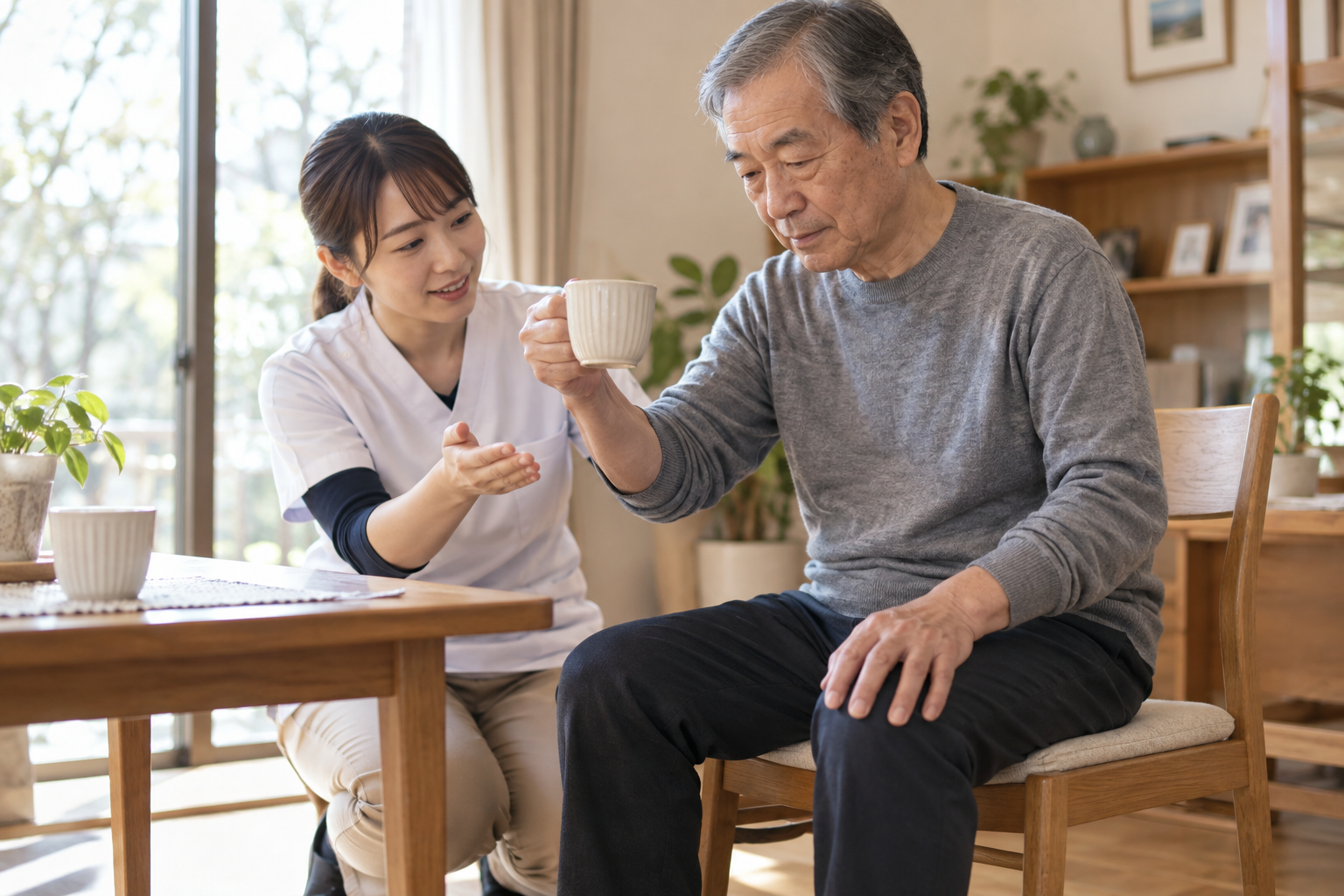 コップを持つ生活動作と運動イメージを組み合わせる高齢者