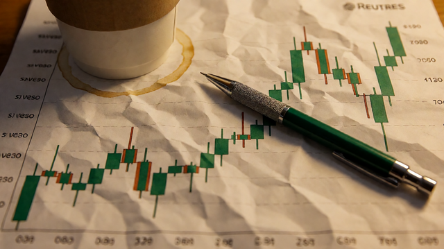 Close-up detail of a crumpled paper with a green candlestick chart, a mechanical pencil resting across it, a coffee cup with a ring stain on