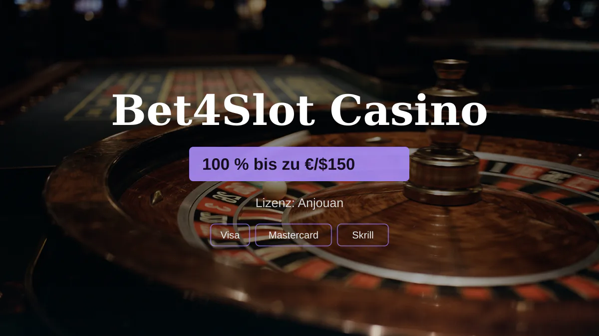 Bet4Slot Casino — Willkommensbonus 100 % bis zu €/$150 + 150 FS, Zahlungen: Visa, Mastercard, Skrill, Sofort, Pix