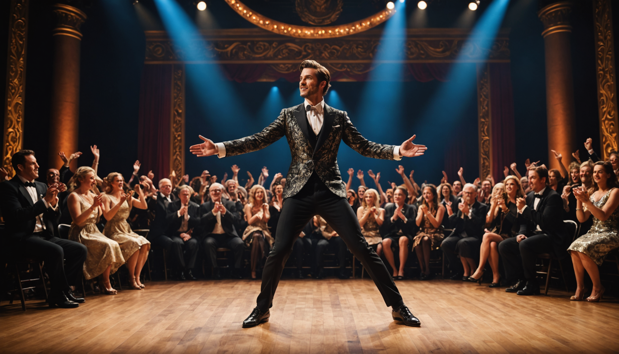 Charismatic performer on vibrant stage with captivated audience.