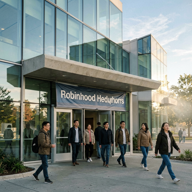 Robinhood headquarters exterior in Menlo Park California, modern glass building with employees entering, clear sky morning light, authentic