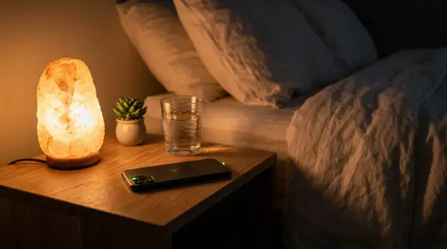 Smartphone face-down on wooden nightstand in dimly lit serene bedroom at night