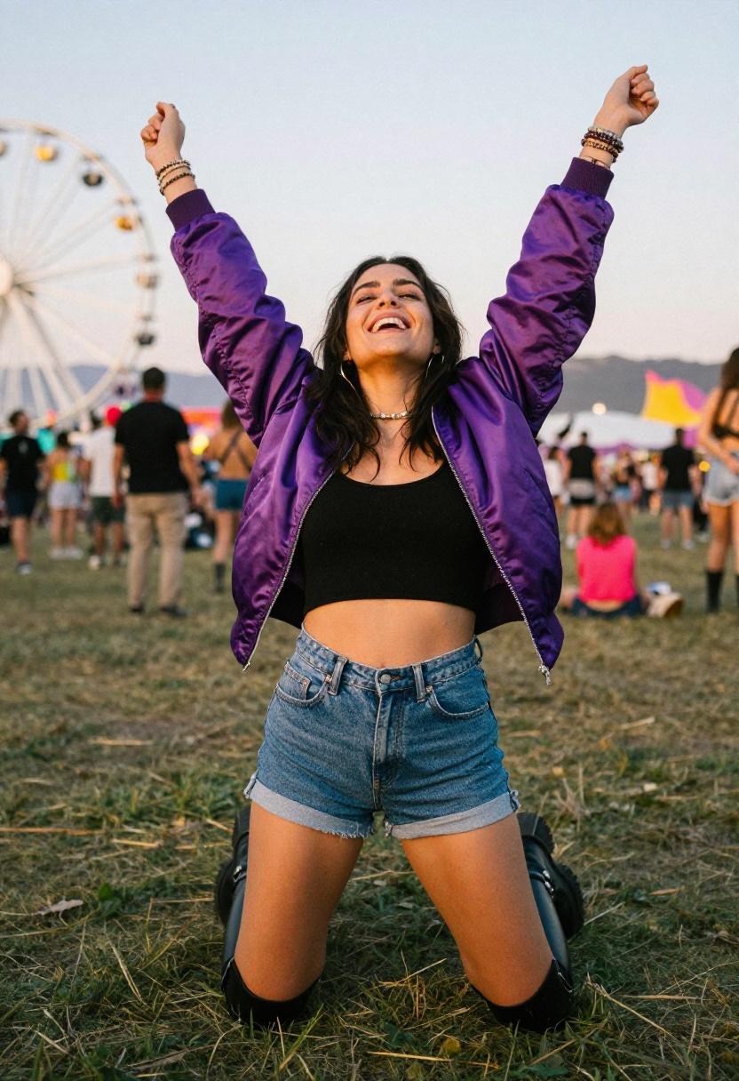 Electric violet satin bomber with platform boots and vintage denim shorts for indie concert