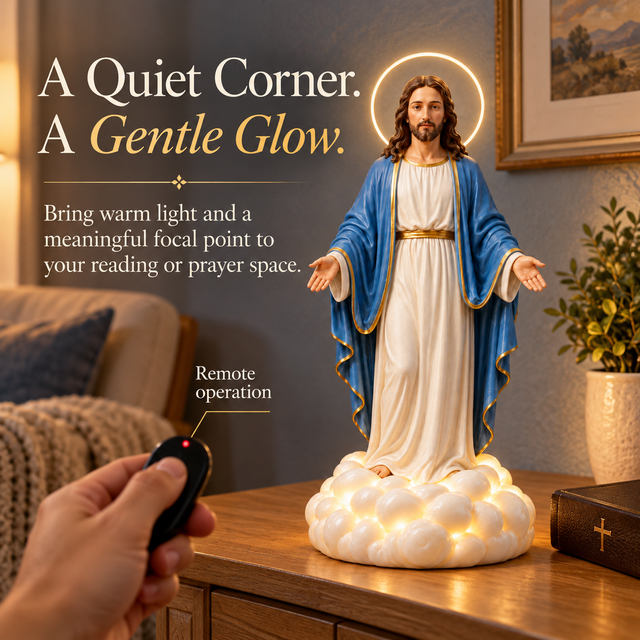 Holy Mist display glowing in a quiet reading or prayer corner with remote operation
