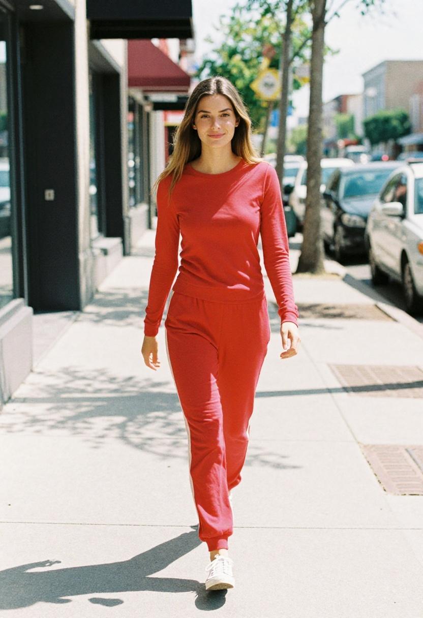 Cherry red lounge set commanding attention on a sun-drenched city sidewalk