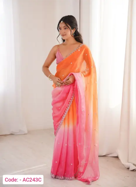 Embroidery work Pink peach color satin saree