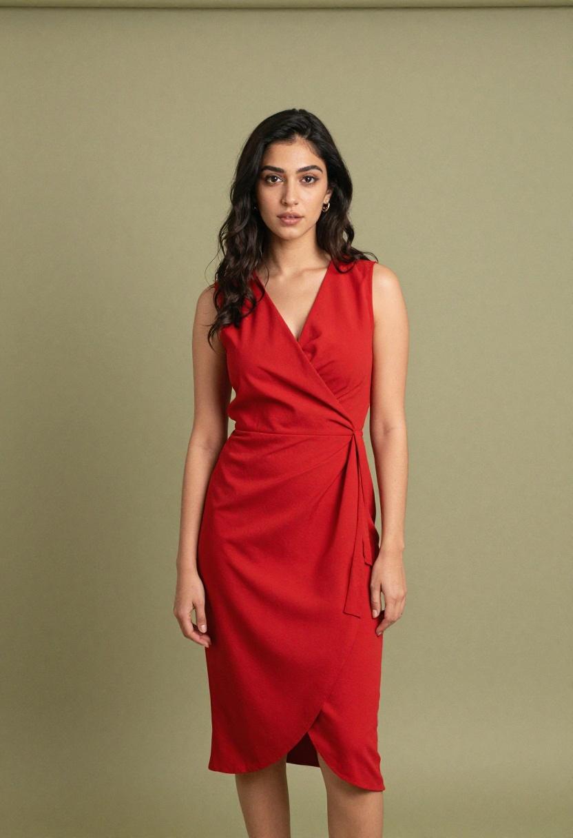 Cherry red wrap midi dress with nude heels for petite office style
