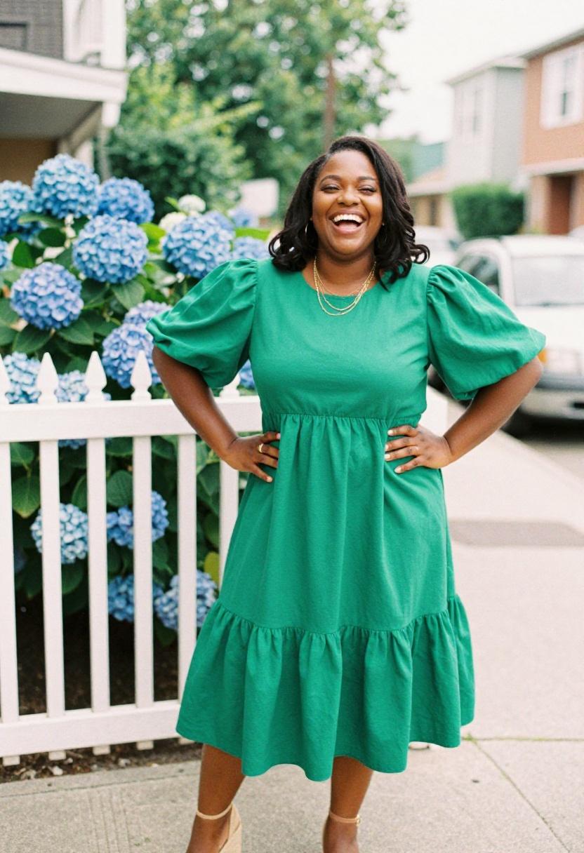 Plus size woman in emerald green puff sleeve smock dress among blooming hydrangeas on a sunny patio