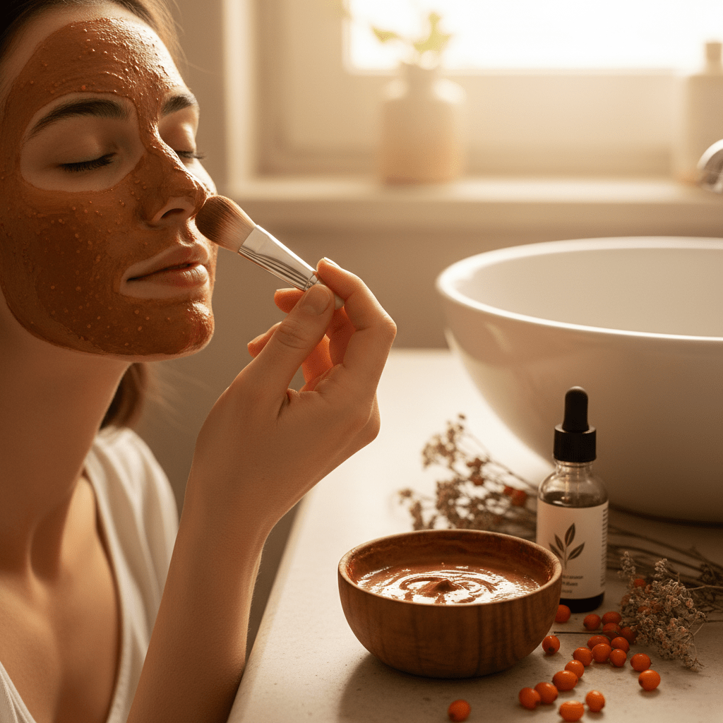 Person applying a natural face mask with a brush in a warm spa bathroom