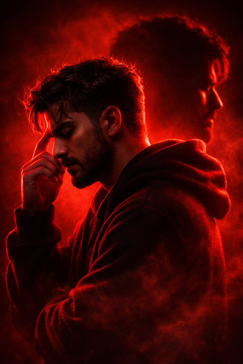 Dramatic Red Silhouette Portrait with Double Exposure
