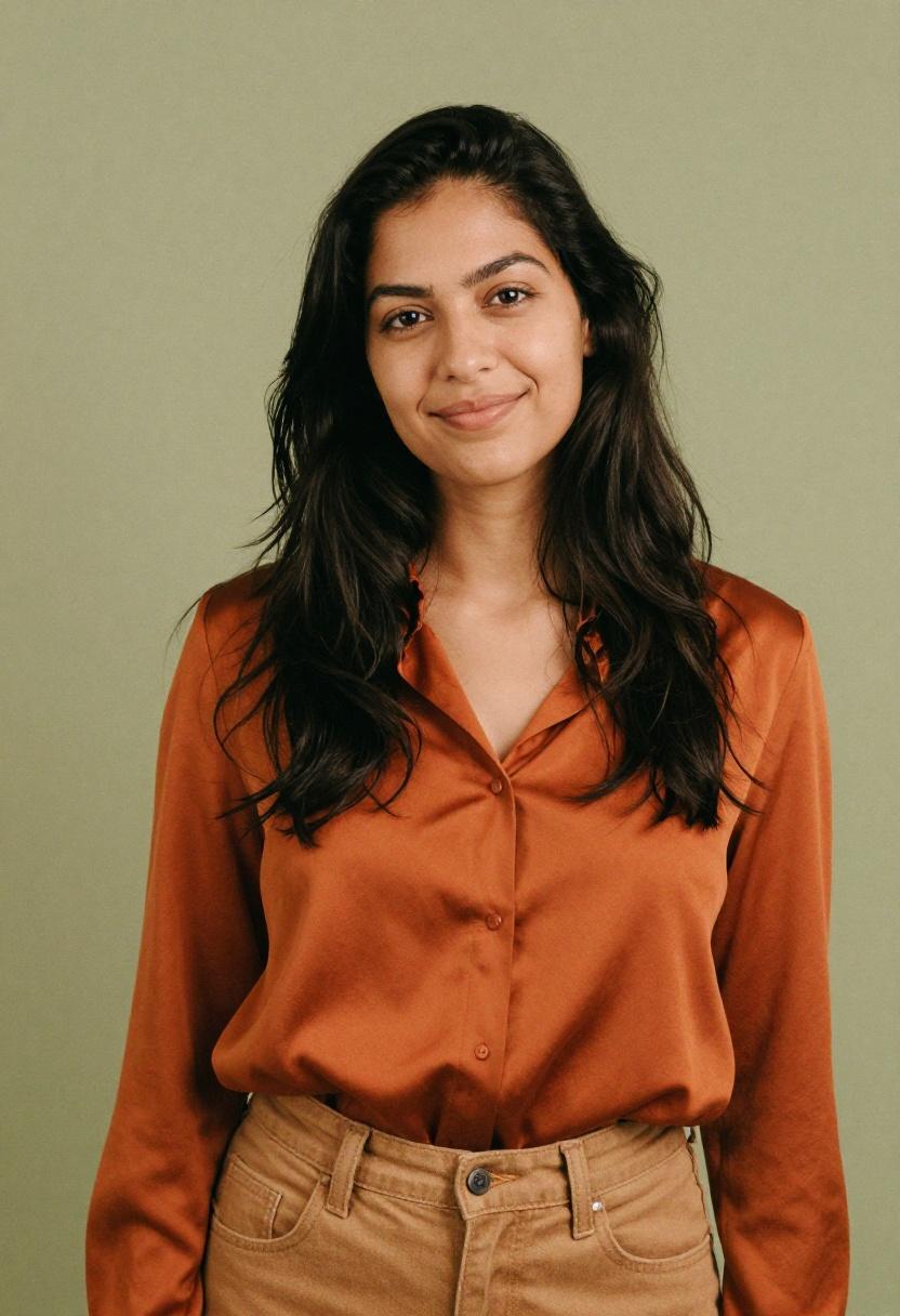 Terracotta blouse tucked into camel straight leg jeans for warm polished Casual Friday