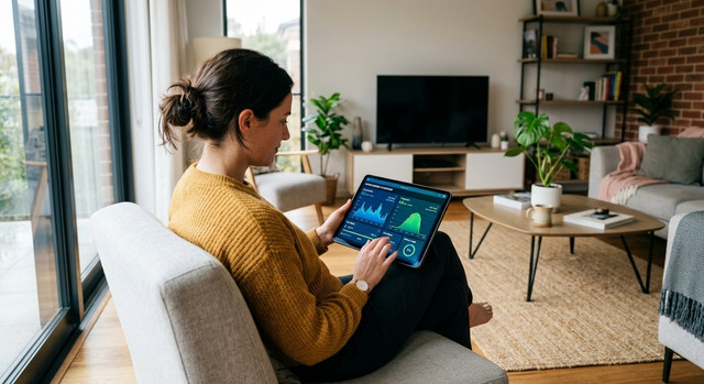 A person using a tablet to check an energy dashboard.