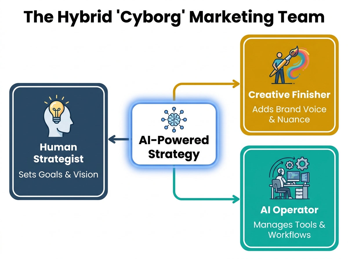 Diagram explaining the three key roles in a hybrid 'cyborg' marketing team: the Human Strategist who sets goals, the AI Operator who manages tools, and the Creative Finisher who adds brand voice.
