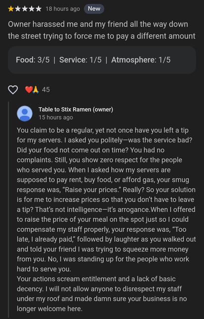 Customer & Food Vendor argue on Google Reviews.