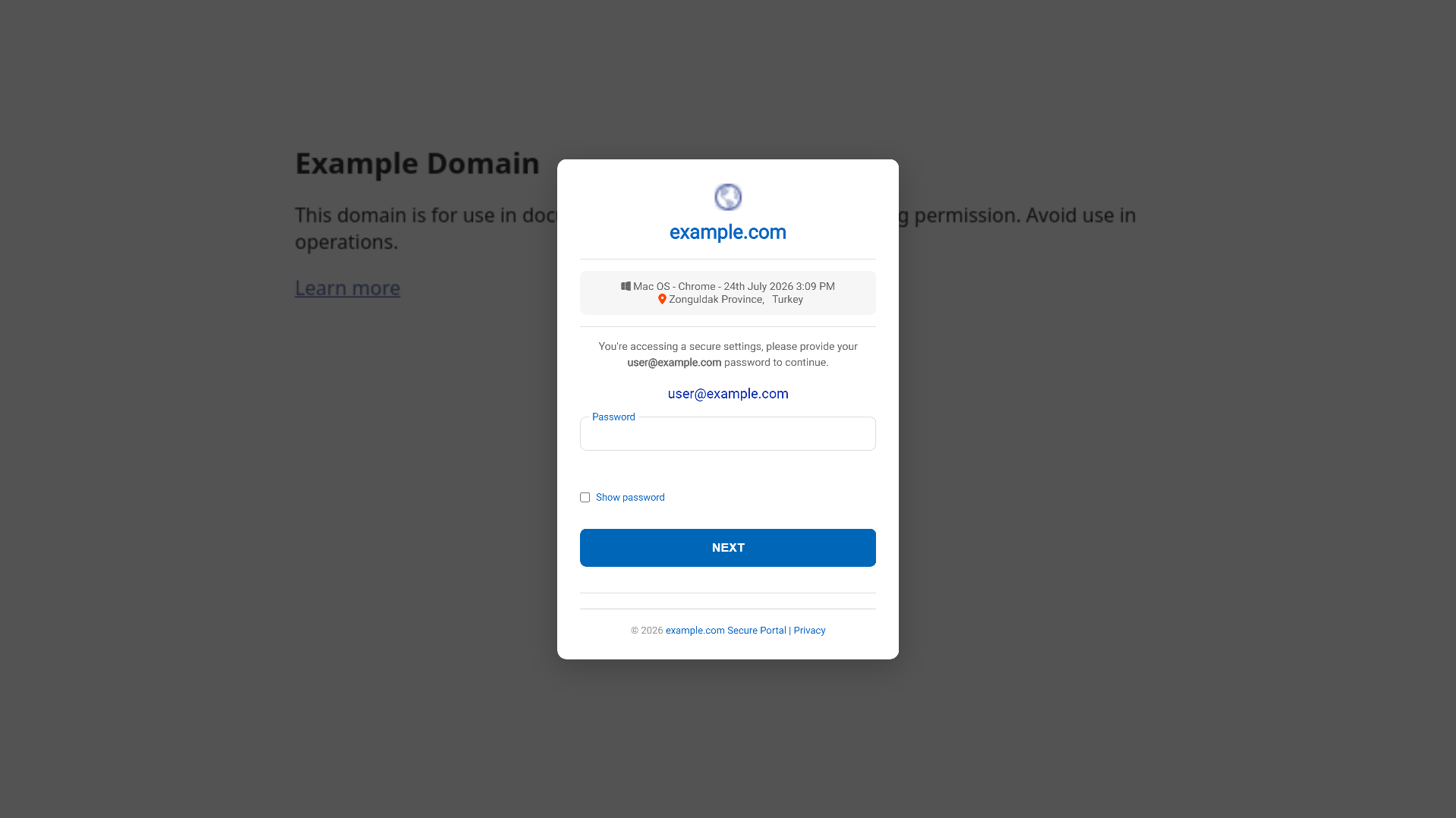 Forensic screenshot of [REDACTED] showing the phishing page layout
