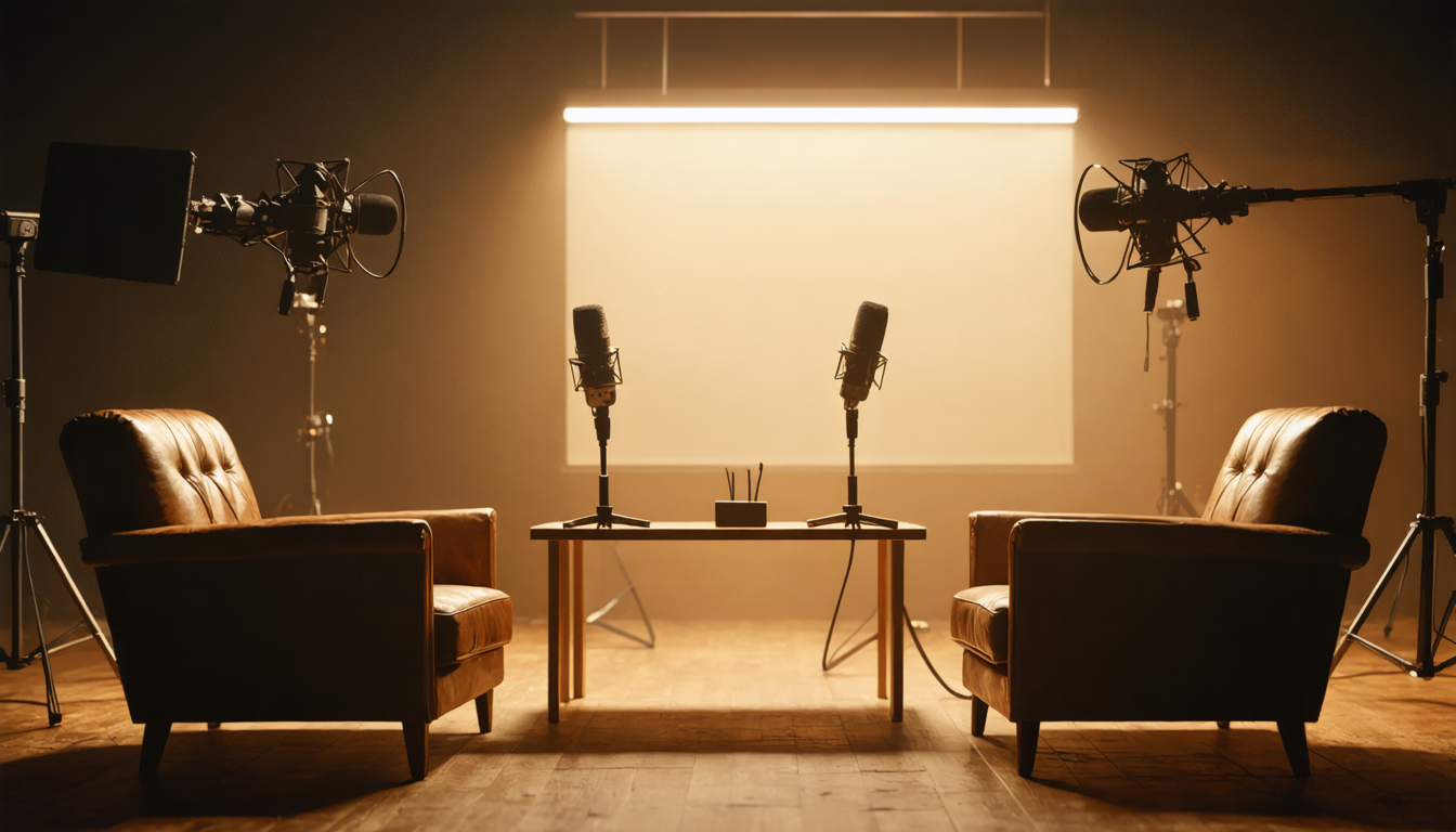 A dimly lit podcast studio with two chairs, microphones between them, warm amber light on empty seats.