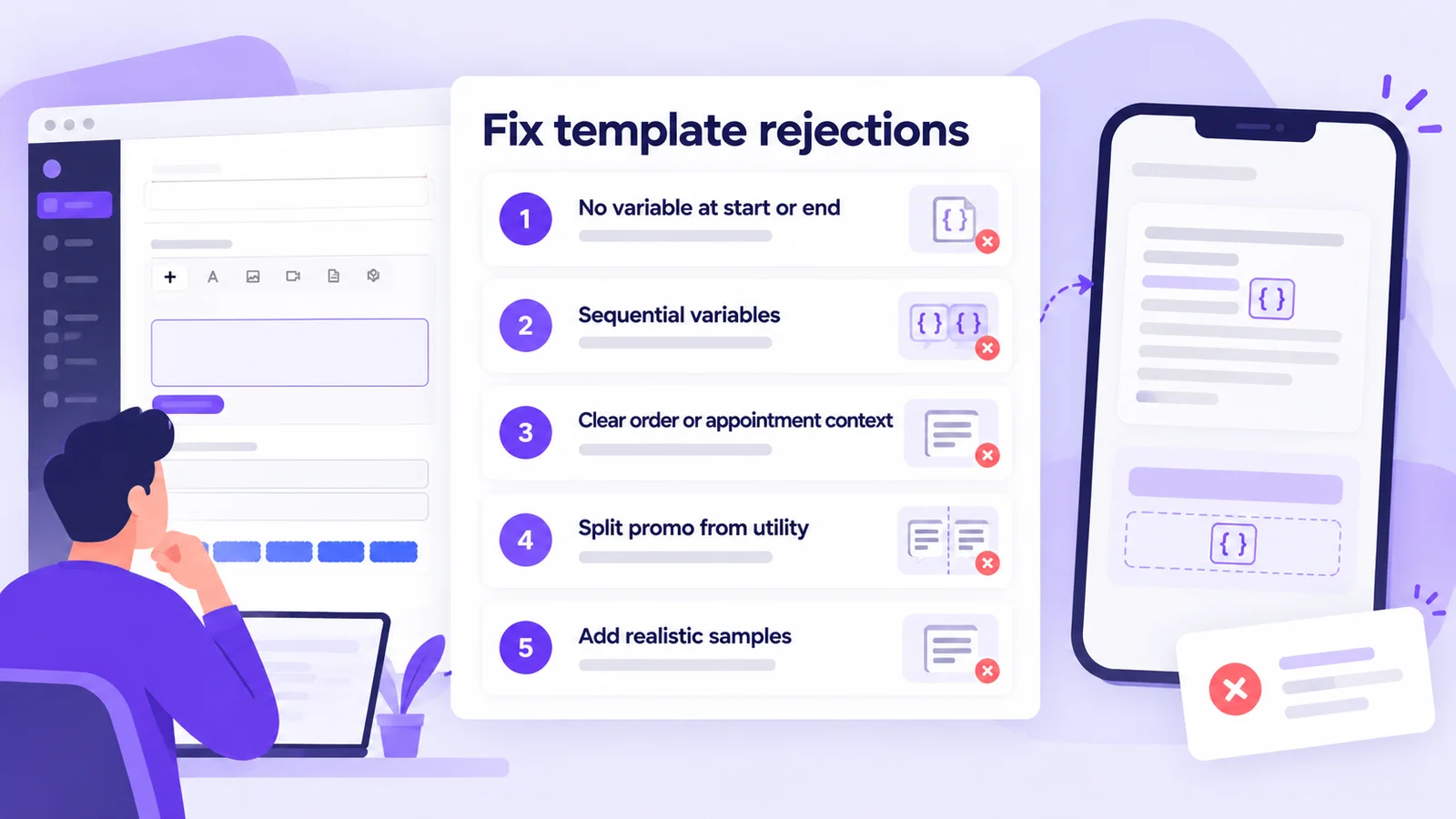 Fix template rejections checklist: no dangling variables, sequential variables, clear context, split promo from utility, add realistic samples