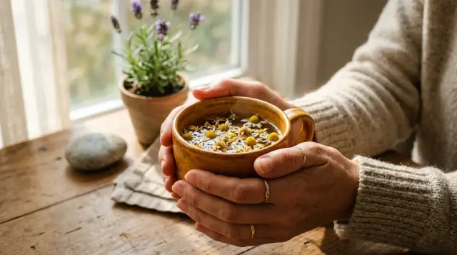 Hands holding warm herbal tea with chamomile flowers in serene morning light