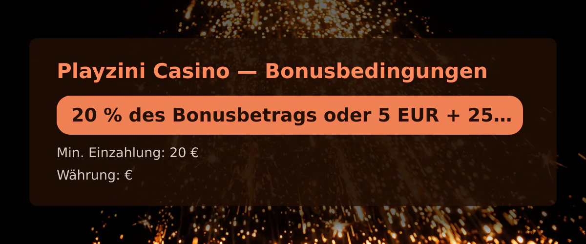 Playzini Casino — Bonusbedingungen: 20 % des Bonusbetrags oder 5 EUR + 250 FS