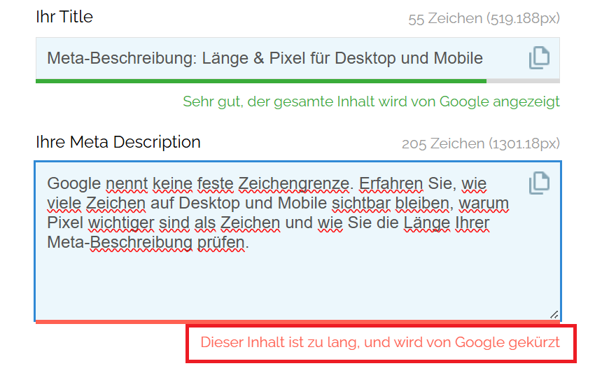 SERP Snippet Generator: Meta-Beschreibung ist zu lang – Text wird im Snippet mit „…