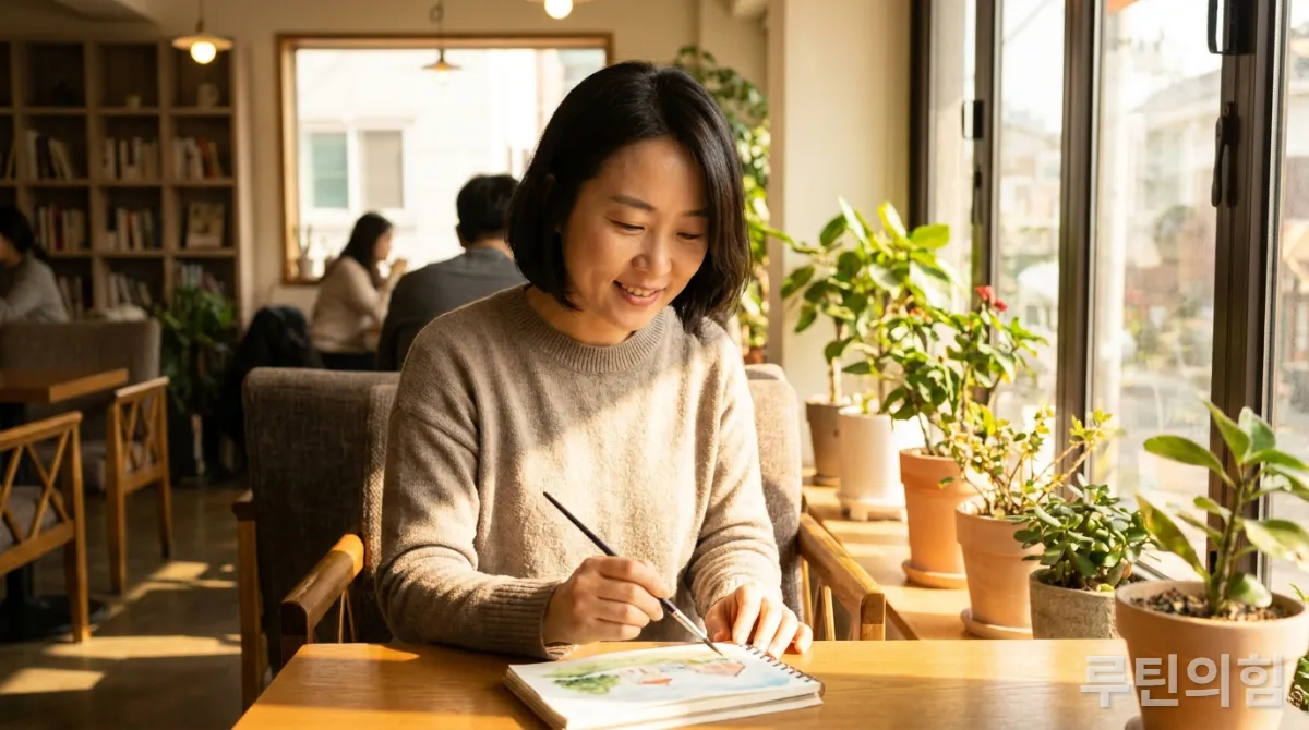 30대 한국인이 햇살이 드는 카페에서 책을 읽거나 그림을 그리는 취미 활동에 즐겁게 몰두하는 모습
