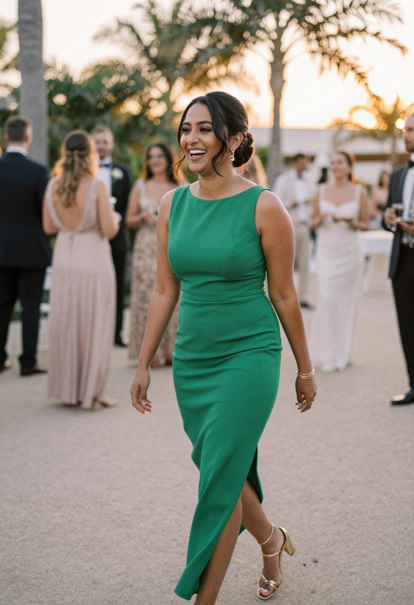 Woman in emerald green column gown mid-stride at a golden-hour outdoor wedding venue