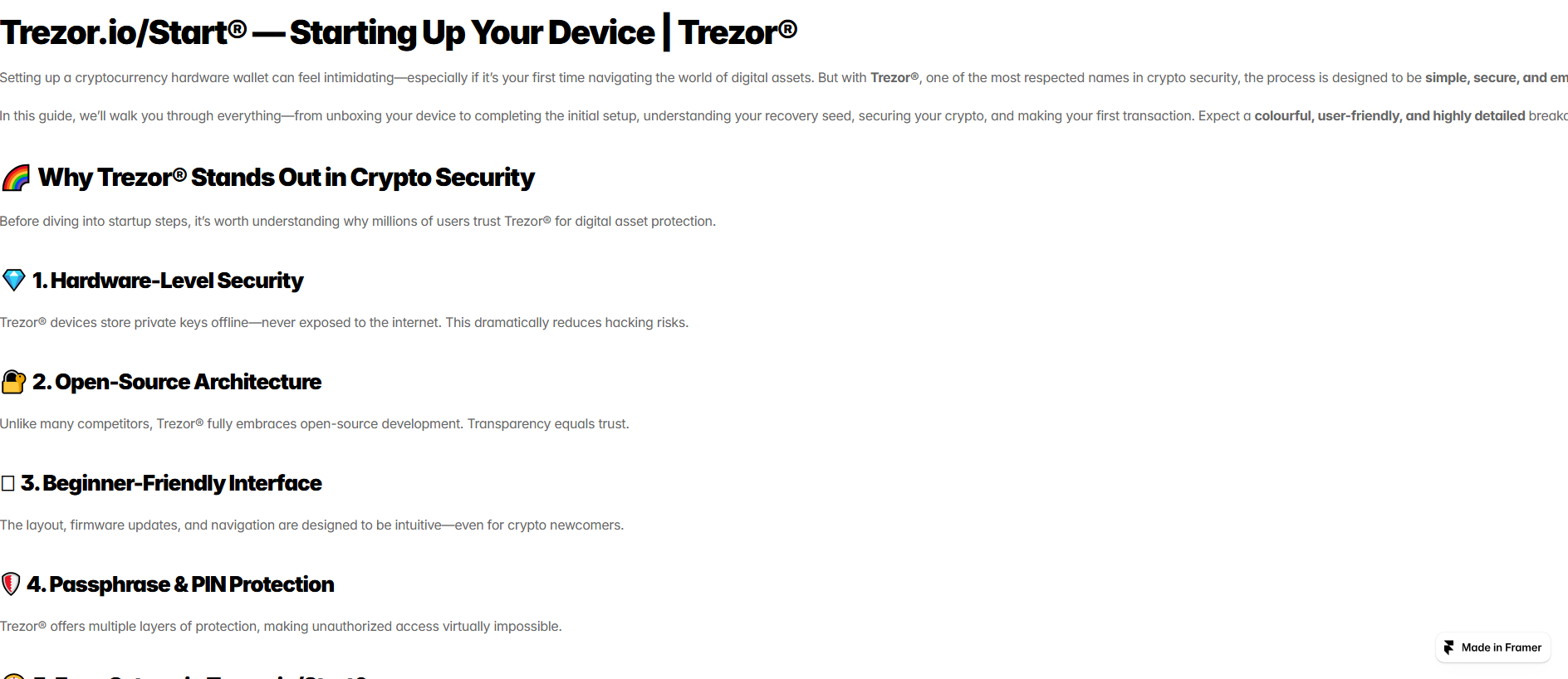 Forensic screenshot of learn-trezr-io.framer.ai showing the phishing page layout