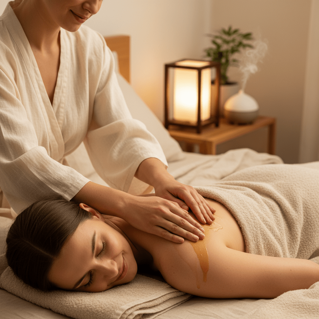 A calm person using a massage oil blend in a spa-like bedroom