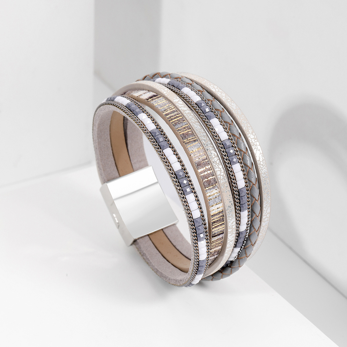 Grey Bohemian Multi-Layer Leather Bracelet for Women - PU Faux Leather with Alloy Magnetic Clasp - Handwoven Cuff Bangle, Lightweight Fashion Jewelry Accessory