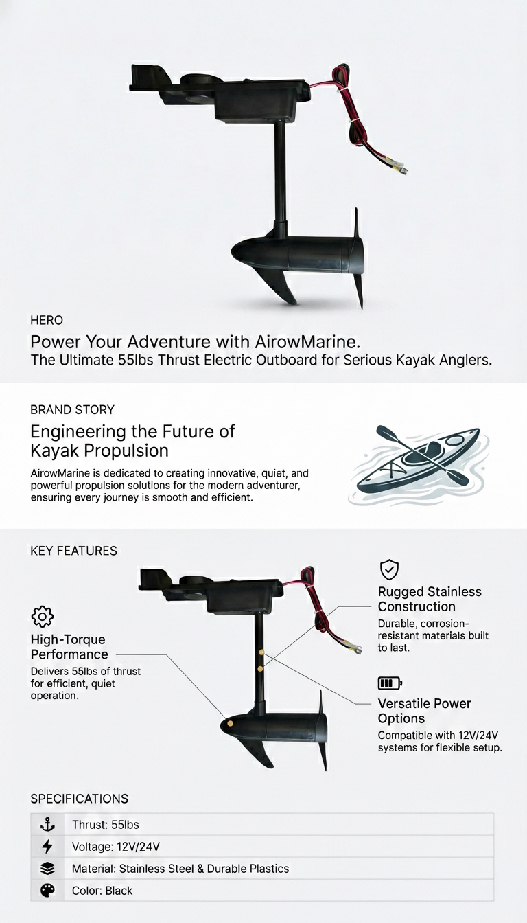 Complete technical specification sheet for the AirowMarine electric outboard including thrust ratings, voltage options, and material grades.