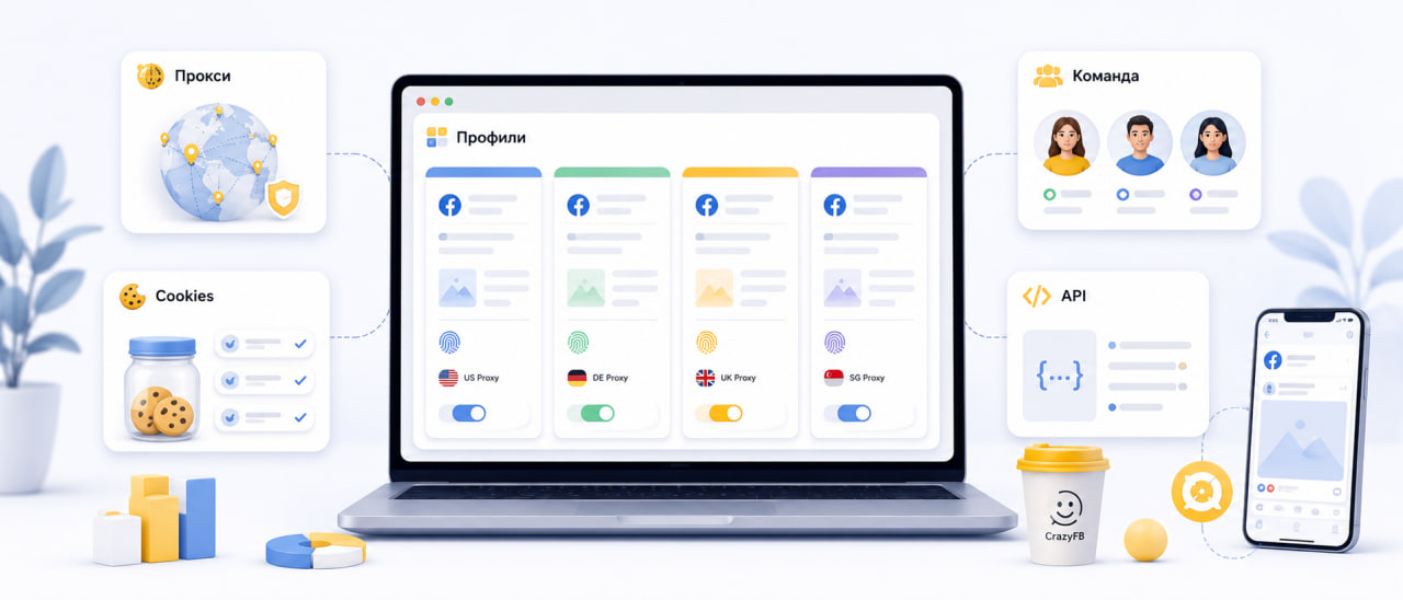 Антидетект-браузер для Facebook Ads с профилями, прокси, cookies, командой и API