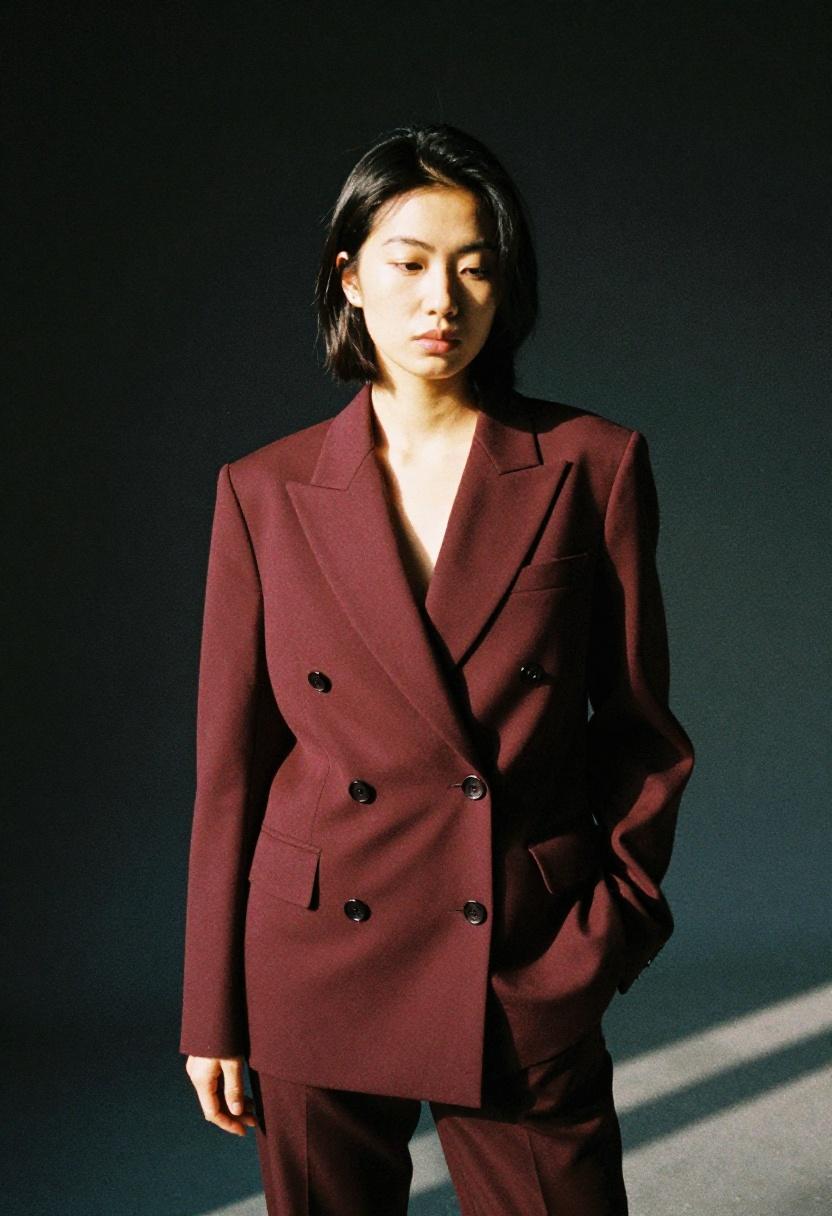 Deep burgundy double breasted suit with dramatic side lighting for pure editorial power dressing