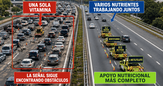 Analogía visual entre una sola vitamina y varios nutrientes trabajando de forma coordinada