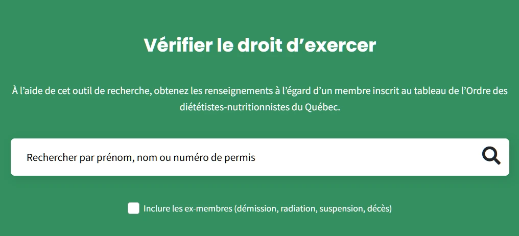 Interface de recherche du tableau des membres de l'ODNQ pour valider l'inscription d'une diététiste-nutritionniste professionnelle au Québec.