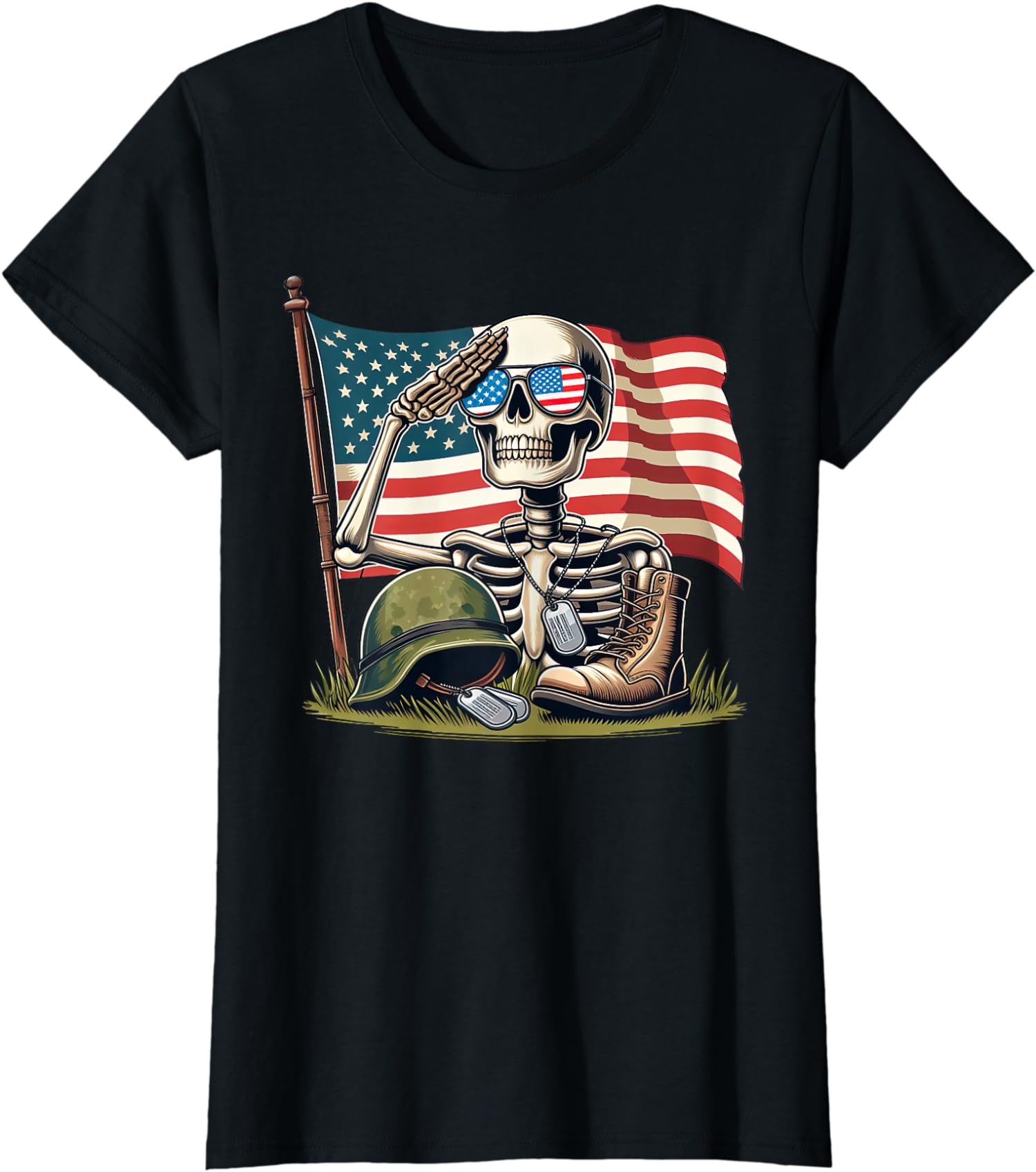 Salute Skeleton American USA Flag Memorial Day 4th Ladies’ Crewneck T-Shirt