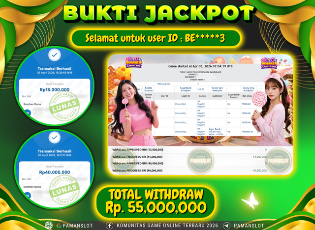 Selamat kepada Member PAMANSLOT LIVE PP - Sweet Bonanza CandyLand : BE*****3