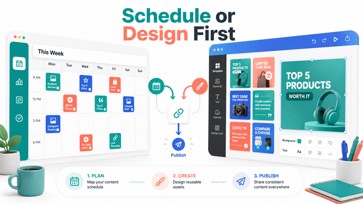 Tailwind scheduling and Canva design workflows connected to one creator decision