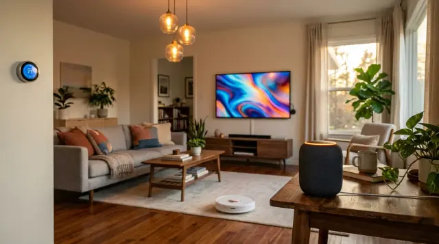 Cozy modern living room with smart speaker, robot vacuum, and ambient smart lighting at golden hour