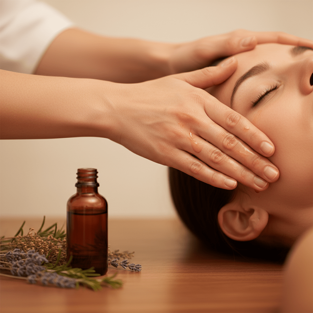 Person using calming herbal oil for focus in a peaceful evening routine