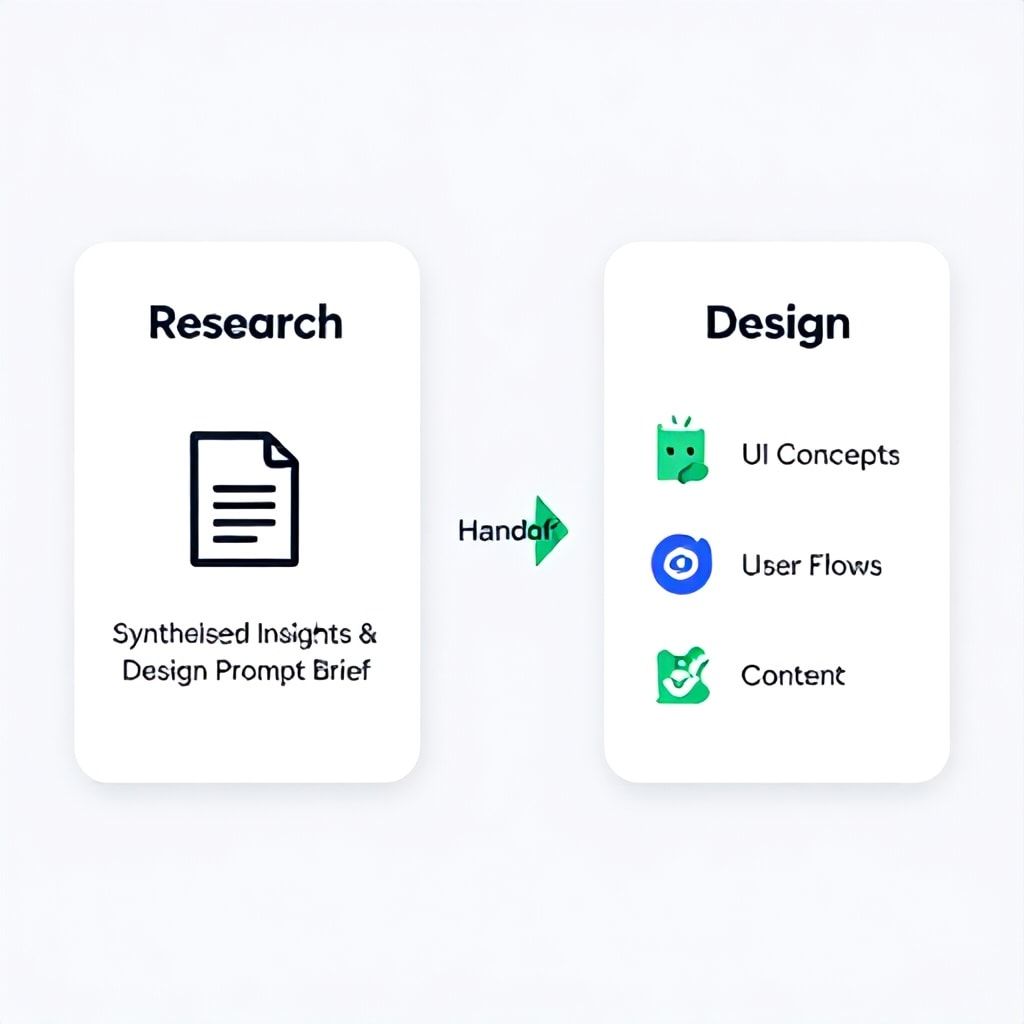 Illustration of the AI-powered handoff from UX Research synthesis to UX Design ideation