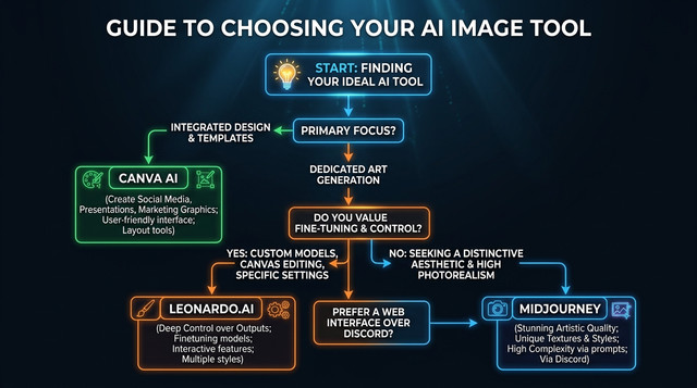 دليل اختيار أداة AI المناسبة بين Midjourney وLeonardo وCanva AI — مخطط قرار مبسط عربي