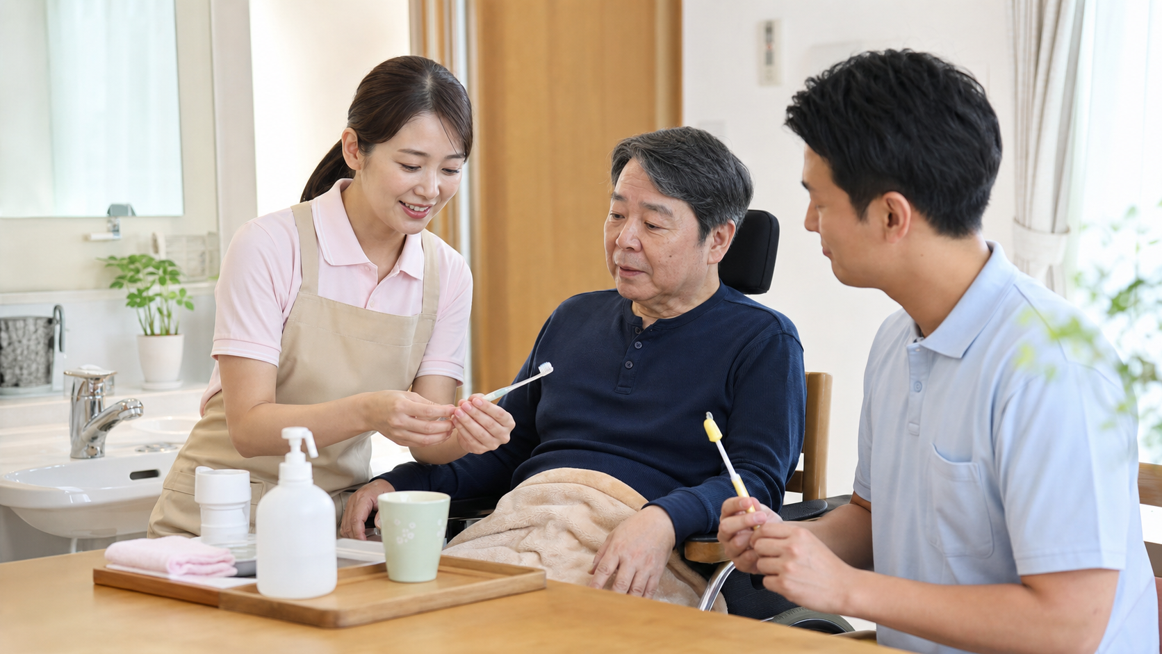 脳卒中後の口腔ケアを家族と専門職が確認する在宅場面