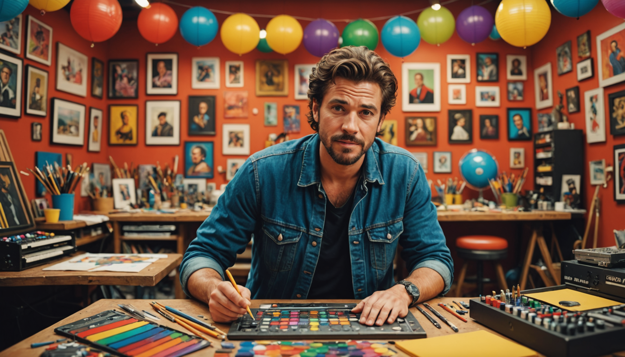 Charismatic artist performing in vibrant studio with fans