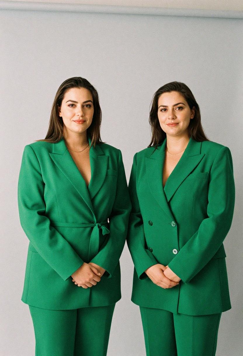 Two emerald blazer dress silhouettes side by side showing versatile plus size spring power dressing