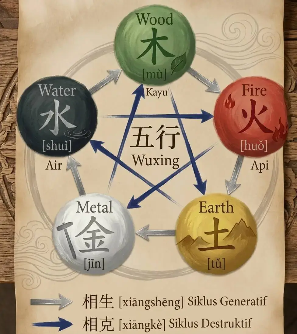 Diagram Lima Elemen (Wu Xing): Kayu, Api, Tanah, Logam, dan Air
