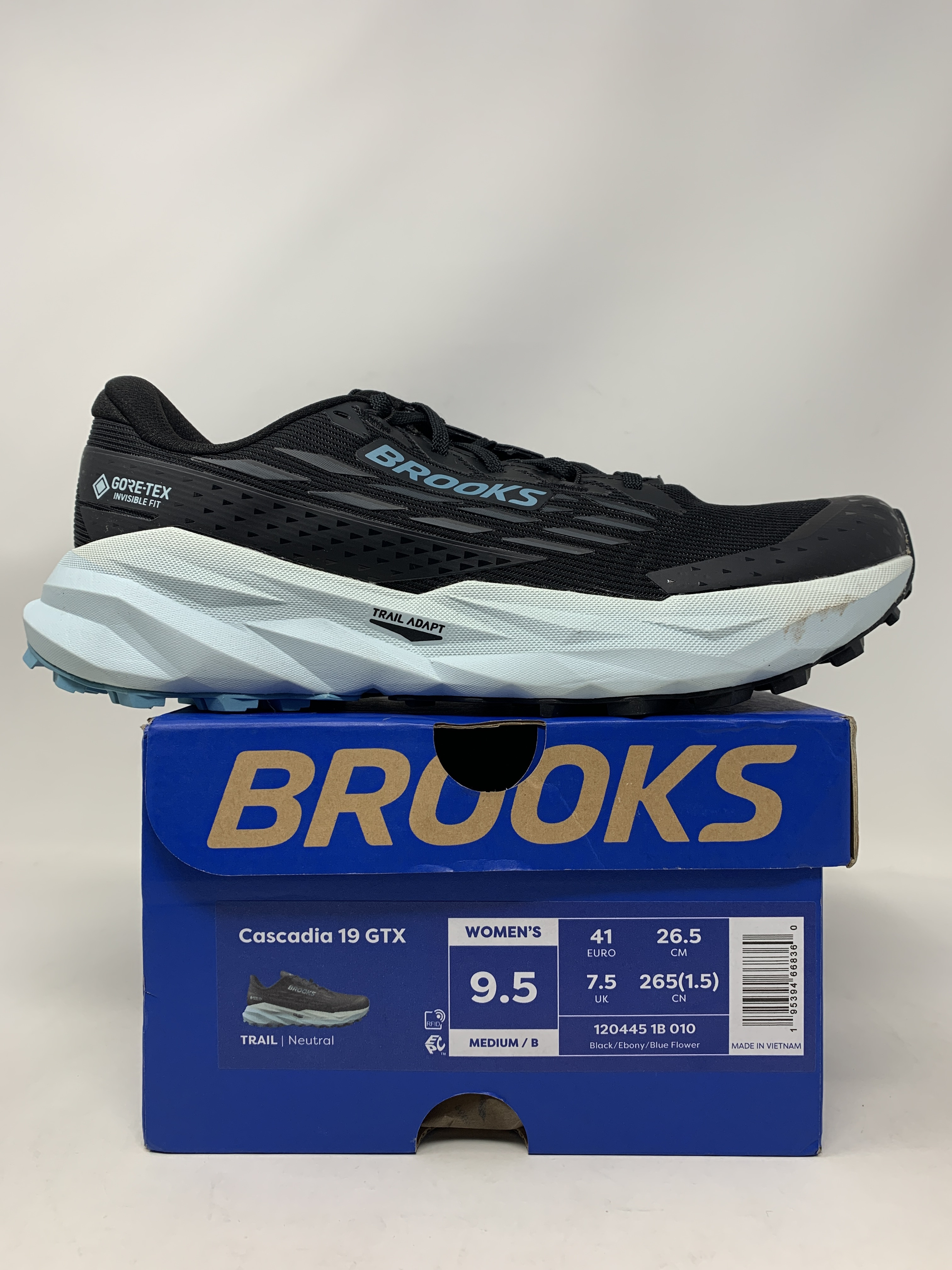 Women's Brooks Cascadia 19 GTX, Black/Ebony/Blue Flower, 9.5 B
