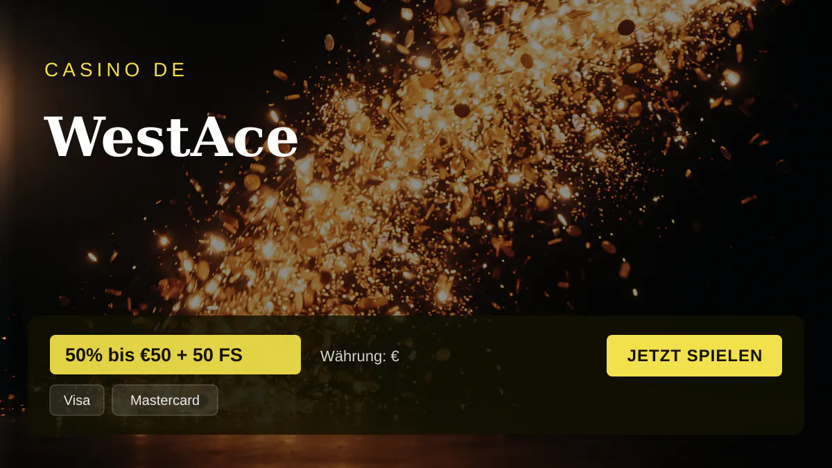 WestAce Casino — Willkommensbonus 50% bis €50 + 50 FS, Zahlungen: Visa, Mastercard, Skrill, Neteller, Paysafecard