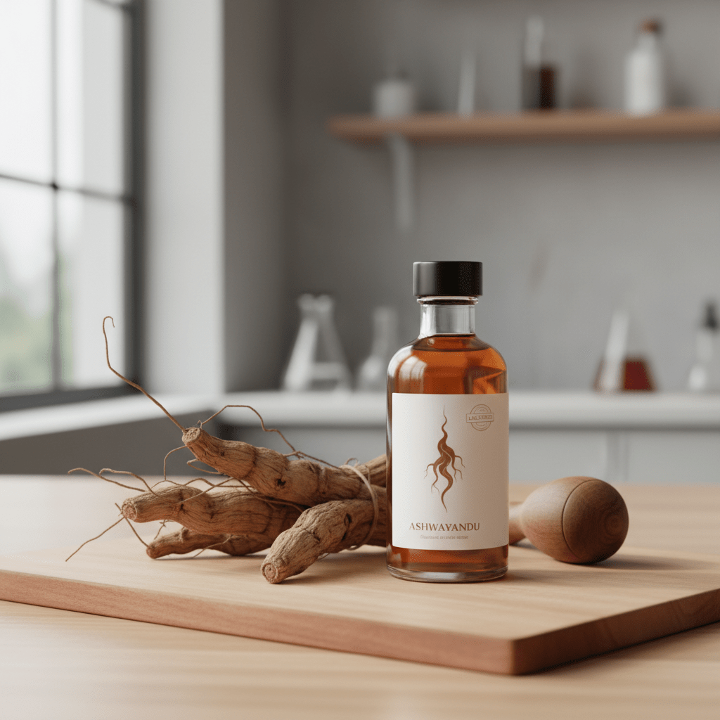 Ashwagandha root and infused oil bottle